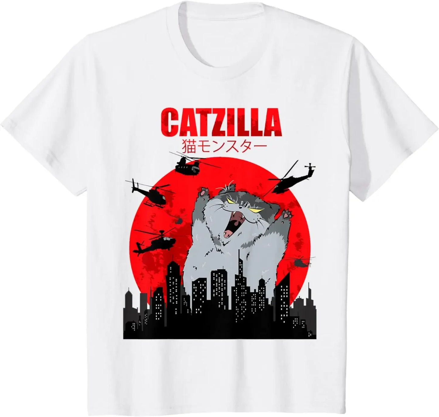 Funny Cute Art Japanese Cat Graphic for Cat Lover Catzilla Tshirts O-neck Women Clothing Streetwear Short Sleeve T Shirt Clothes