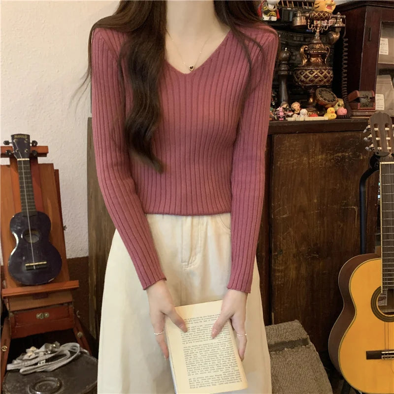 2026 Korean Autumn Winter V Neck Sweater Fashion Casual Long Sleeve Knitted Sweaters Solid Color Slim Pullovers Women Clothes