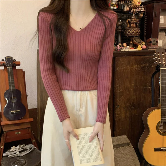 2026 Korean Autumn Winter V Neck Sweater Fashion Casual Long Sleeve Knitted Sweaters Solid Color Slim Pullovers Women Clothes