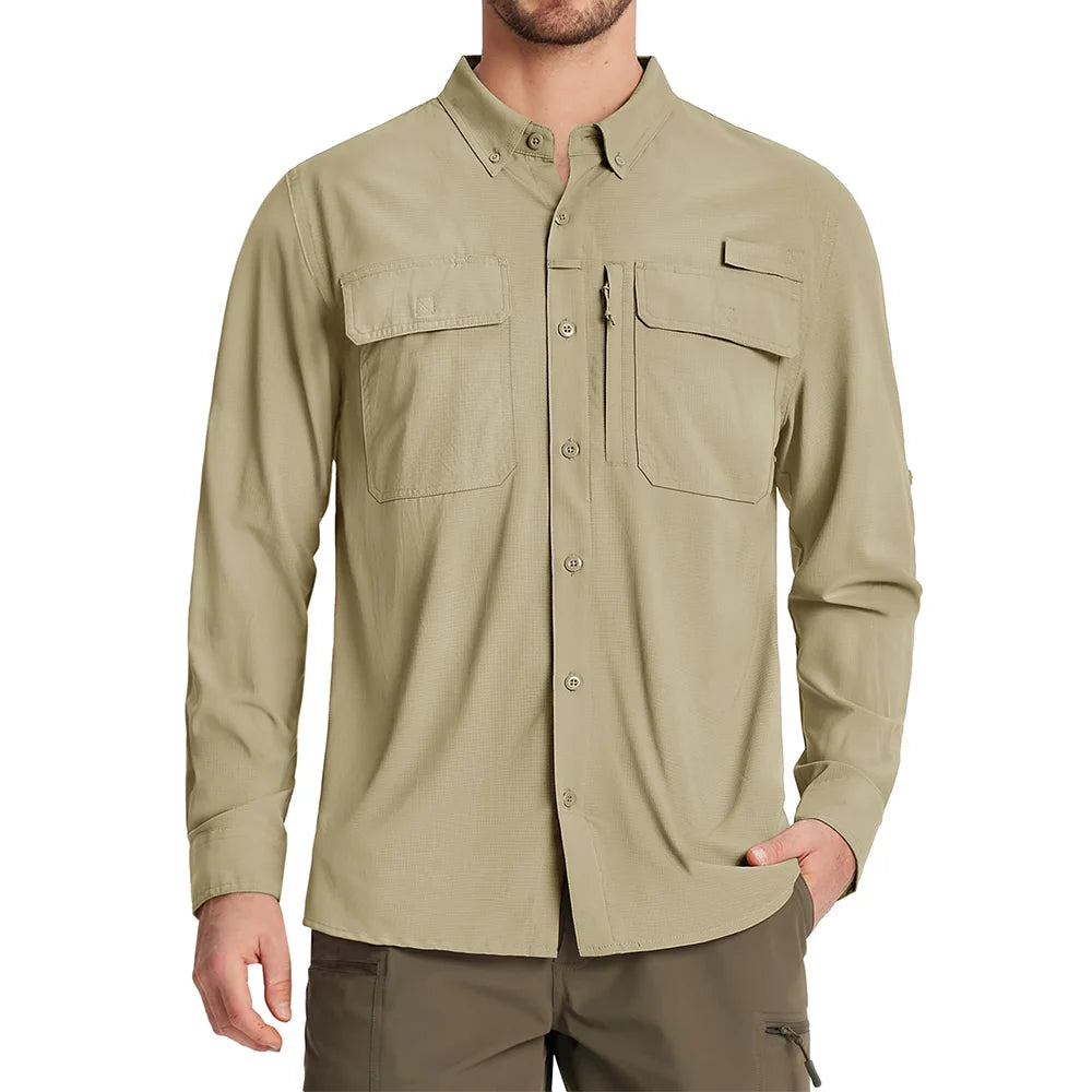 TACVASEN UPF 50+ Sun Protection Fishing Shirts Men's Quick Dry Long Sleeve Shirts Mesh Breathable Hiking Work Cargo Shirts