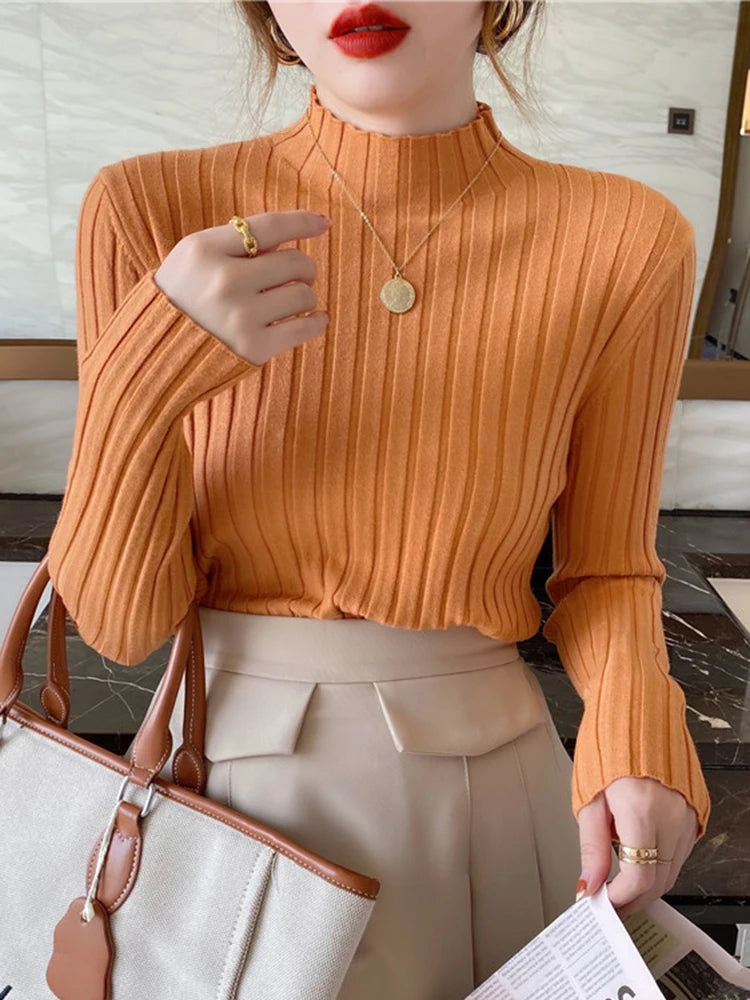Autumn Winter Knitted Ribbed Turtleneck Sweater Women Clothes 2026 Long Sleeve Slim Basic Pullover Woman Sweaters Solid Tops