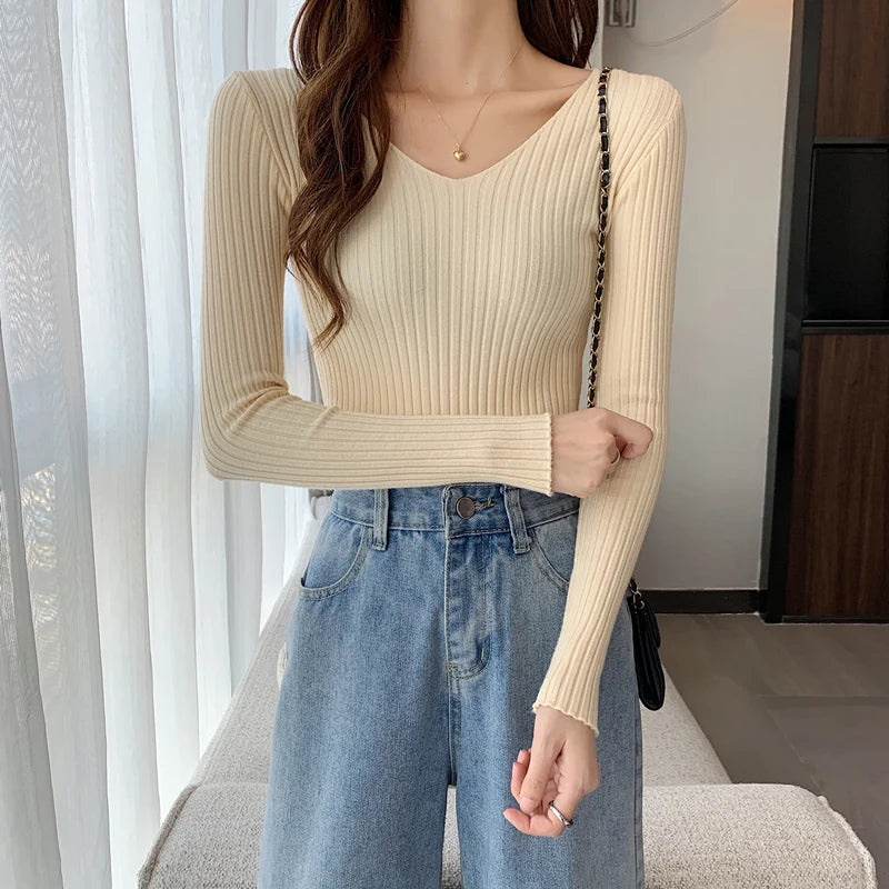 2026 Korean Autumn Winter V Neck Sweater Fashion Casual Long Sleeve Knitted Sweaters Solid Color Slim Pullovers Women Clothes