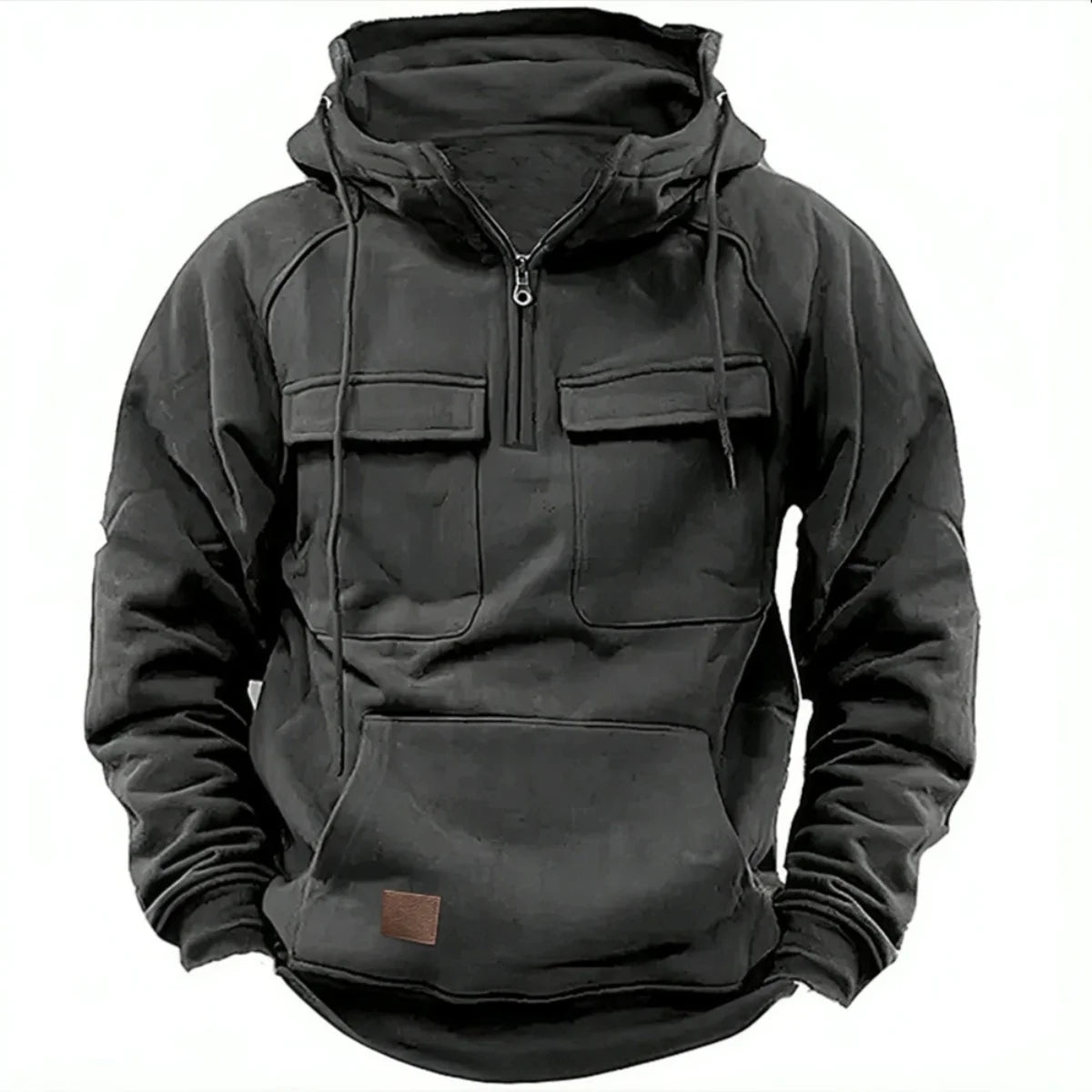 New autumn-winter men's hooded solid-color casual hoodie - fashionable young man's multi-pocket patch hoodie pullover shirt