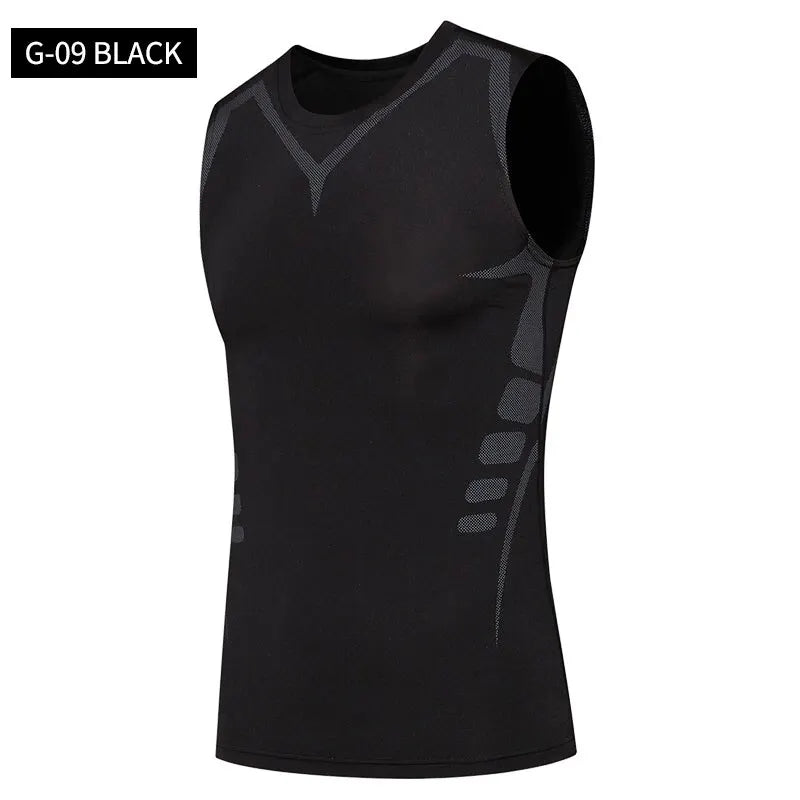 Men's sci-fi printed black vest, fashionable and casual men's quick drying T-shirt, sports and fitness round neck elastic vest