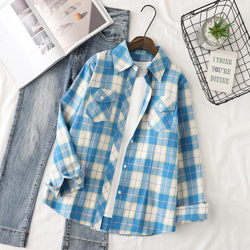 Cotton Flannel Plaid Shirts Women 2025 Autumn New Female Casual Slim Fit Long Sleeve  Blouses & Tops Ladies Checkered Clothes