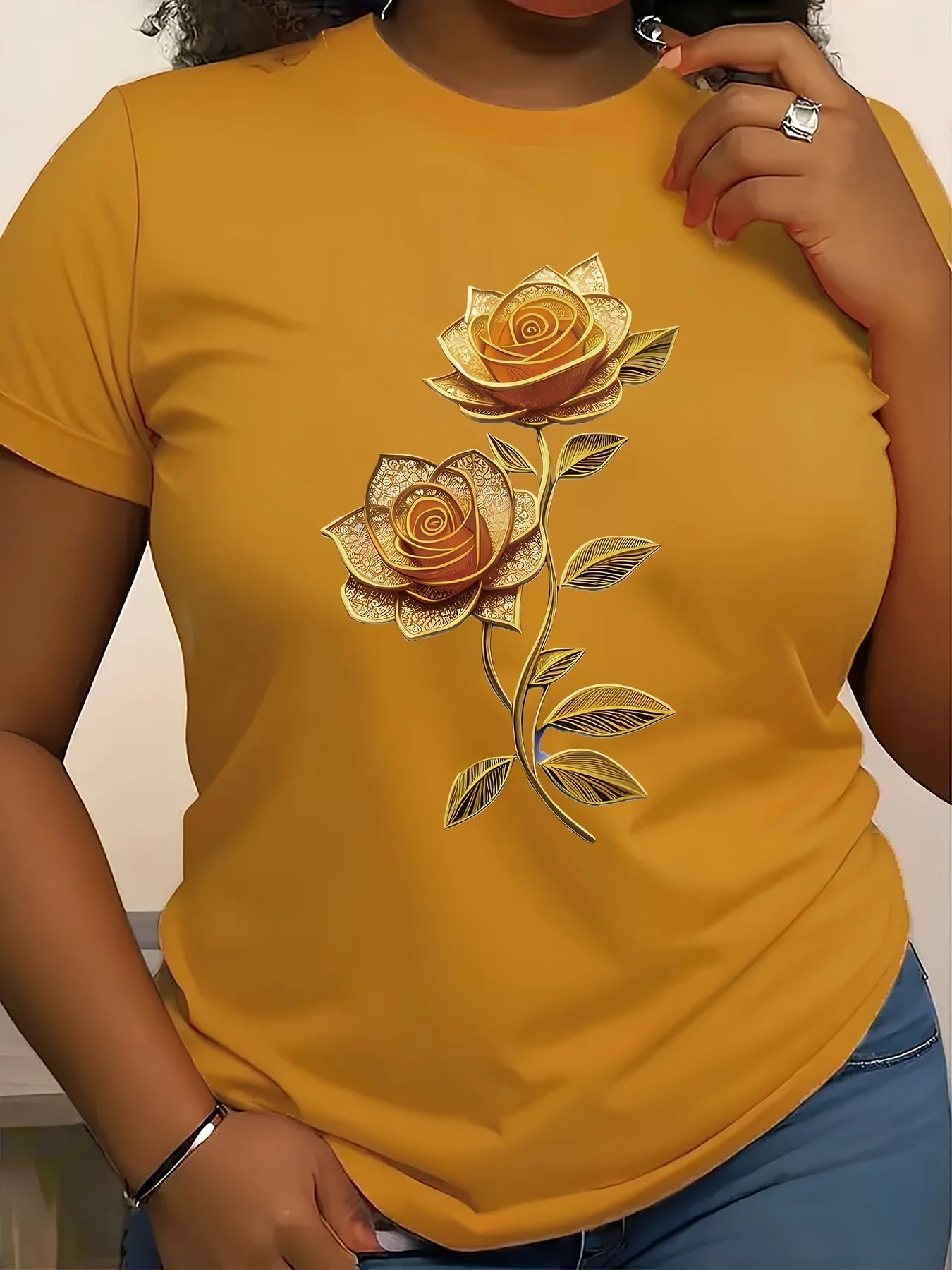 Women's Casual Crew Neck Flowers and plants T-Shirt Drawing Print Micro Elasticity All Season Essentials women clothes