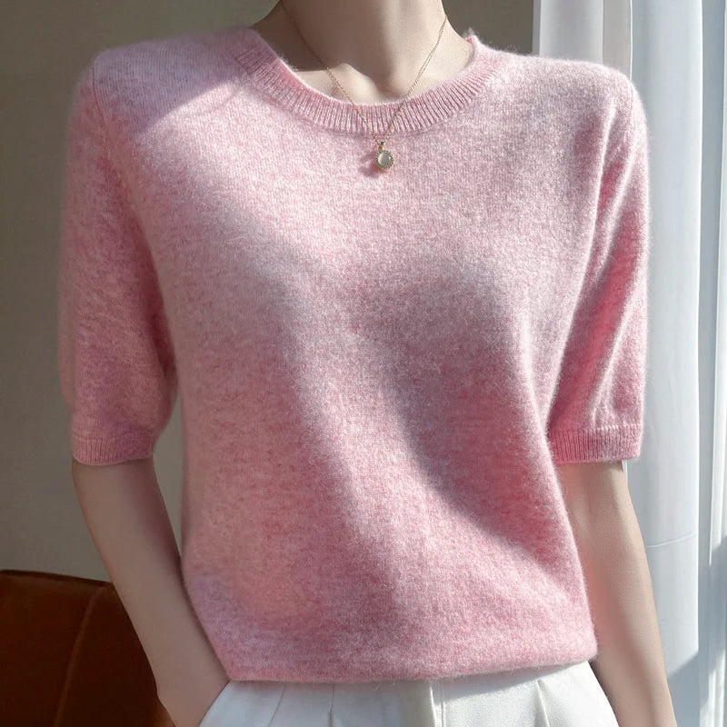 Women 100% Cashmere Sweater T-shirt 2023 New Short Sleeve Pullover Spring O-Neck Basic Jumper For Female Soft Shirt Girl Clothes