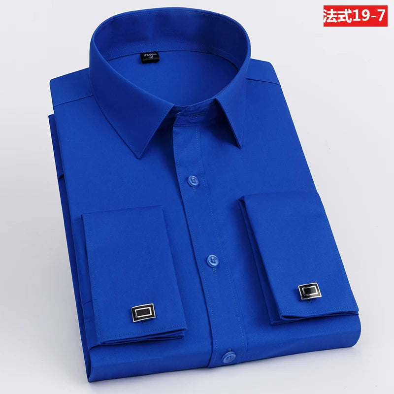 Men's French cufflinks shirt, men's slim fit long sleeved business sleeve nail free business formal men's solid color shirt