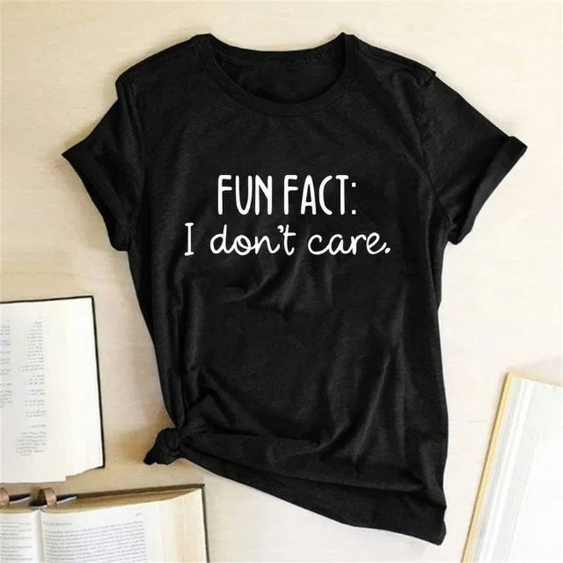 FUN FACT I DON'T CARE Print Women T Shirt Short Sleeve RoundNeck Loose Women Tshirt Ladies Tops Casual Summer Clothes