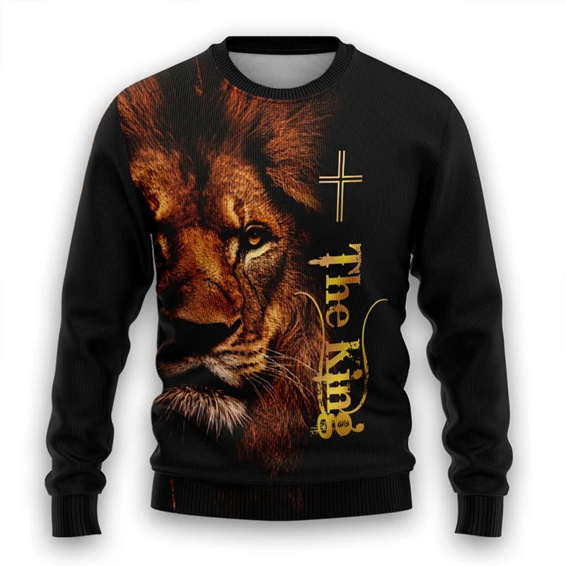 Christian Lion Graphic Sweatshirts God Jesus Ugly Christmas Sweater For Women Clothes Casual Cross Long Sleeve Man Pullovers