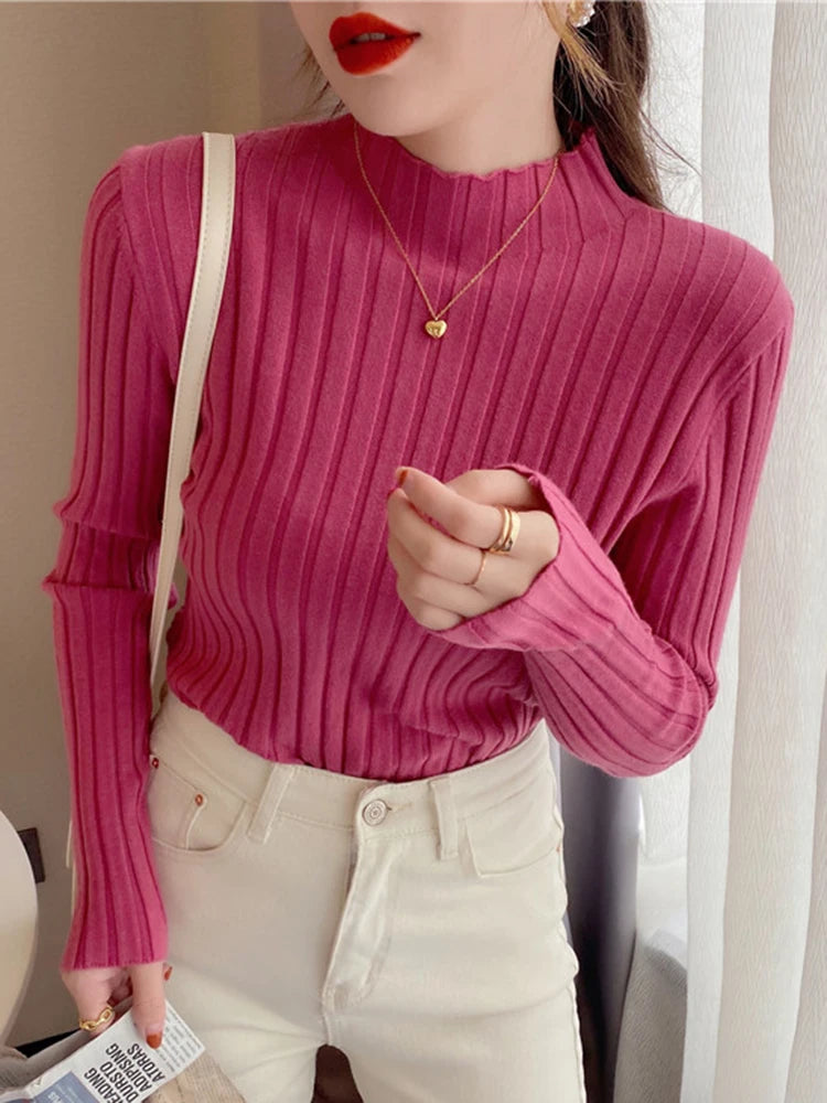 Autumn Winter Knitted Ribbed Turtleneck Sweater Women Clothes 2026 Long Sleeve Slim Basic Pullover Woman Sweaters Solid Tops