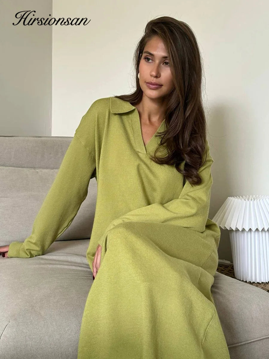 Hirsionsan Long Sleeve Autumn Winter Loose Polo Neck Sweater Dresses Women Soft Elegant Solid Knit Dress Female 2025 New Clothes
