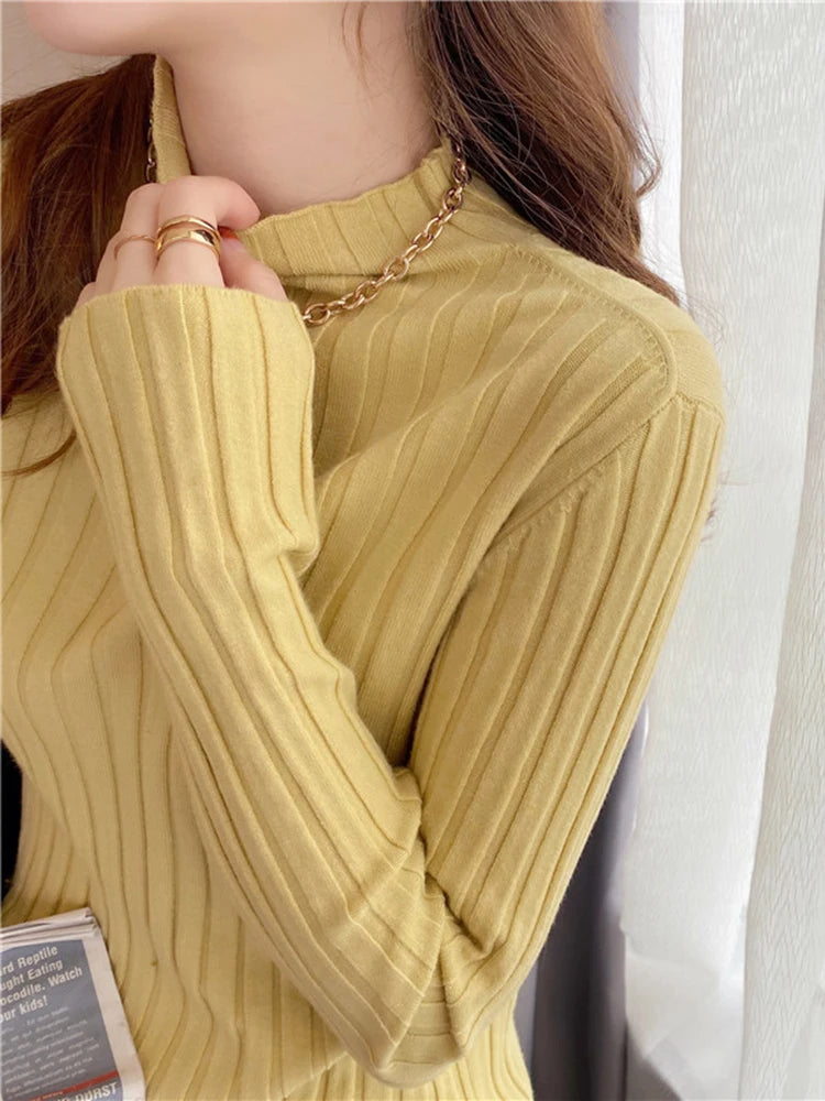 Autumn Winter Knitted Ribbed Turtleneck Sweater Women Clothes 2026 Long Sleeve Slim Basic Pullover Woman Sweaters Solid Tops