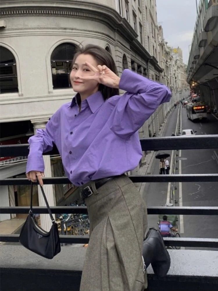 Purple Shirts Women Gentle Office Lady Loose Leisure Sweet New Autumn Korean Clothes Stylish Basic De Mujer Buttons Design Tops