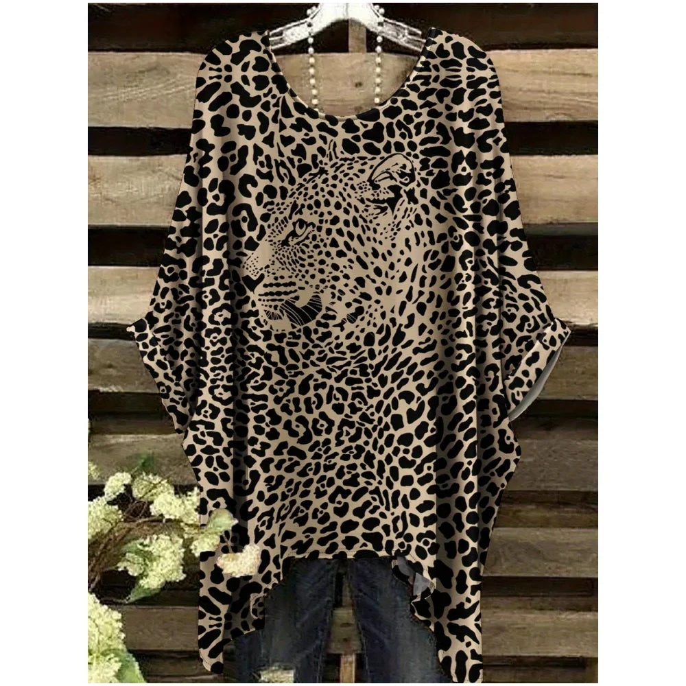2025 New Women's T-Shirt Fashion Leopard 3D Print Tops Summer Sexy Round Neck Short Sleeve Tee Street Casual Loose Woman Clothes