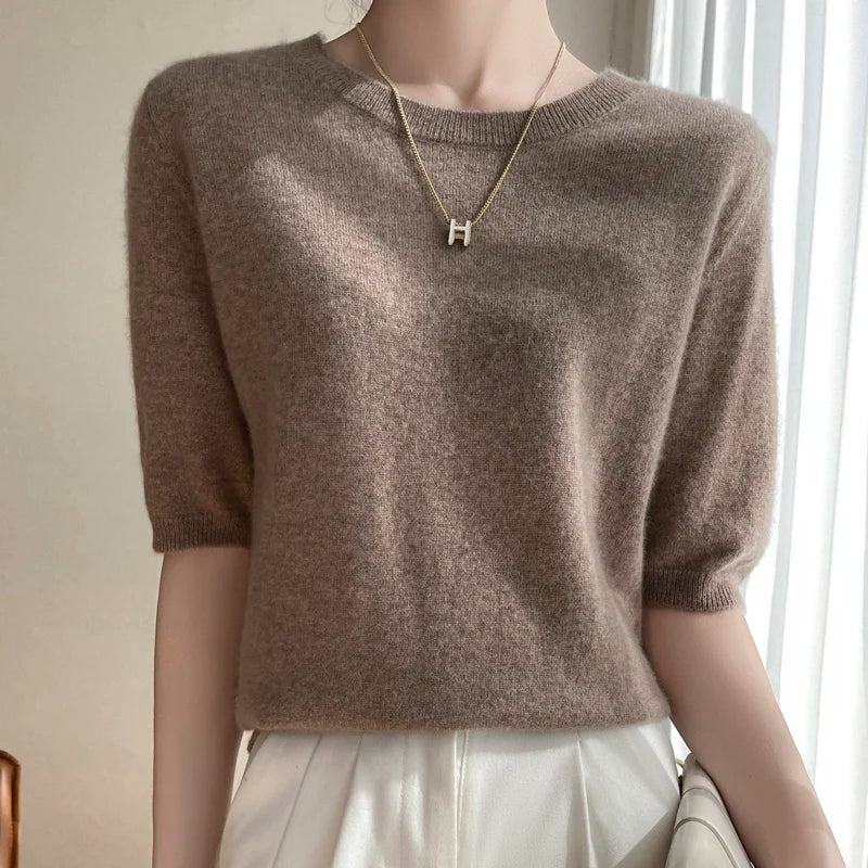 Women 100% Cashmere Sweater T-shirt 2023 New Short Sleeve Pullover Spring O-Neck Basic Jumper For Female Soft Shirt Girl Clothes