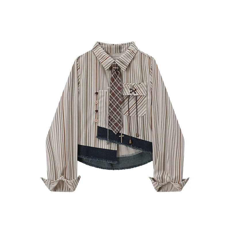 Women's Brown Striped Shirts and Blouses Y2k Vintage Korean Streetwear Harajuku 2000s Elegant Long Sleeve Emo Shirt Clothes 2024