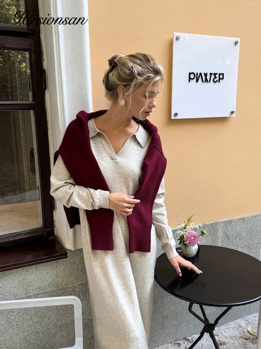 Hirsionsan Long Sleeve Autumn Winter Loose Polo Neck Sweater Dresses Women Soft Elegant Solid Knit Dress Female 2025 New Clothes