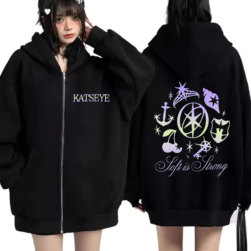 Katseye Graphics tracksuit vintage Hoodie Men Women 2025 tops Fleece fashion clothes Hip Hop Coat Zip Up Jacket Loose streetwear