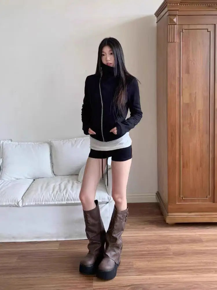 Korean Fashion Hooded Long Sleeve Jacket Women Autumn Winter Casual Loose Cardigan Top Harajuku Solid Y2k Zipper Clothes 2025