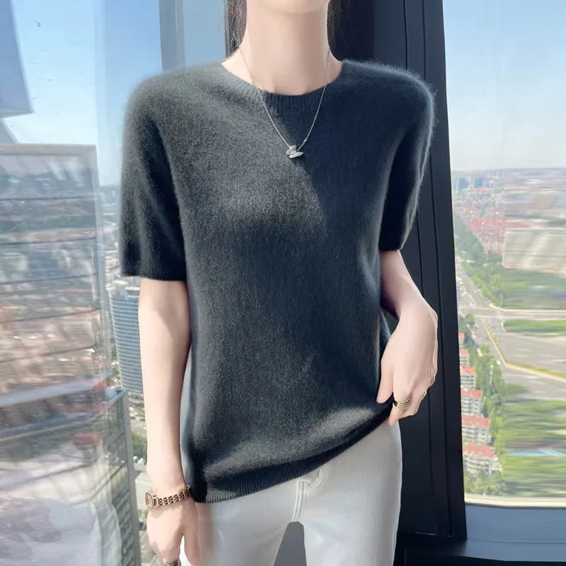 Women 100% Cashmere Sweater T-shirt 2023 New Short Sleeve Pullover Spring O-Neck Basic Jumper For Female Soft Shirt Girl Clothes