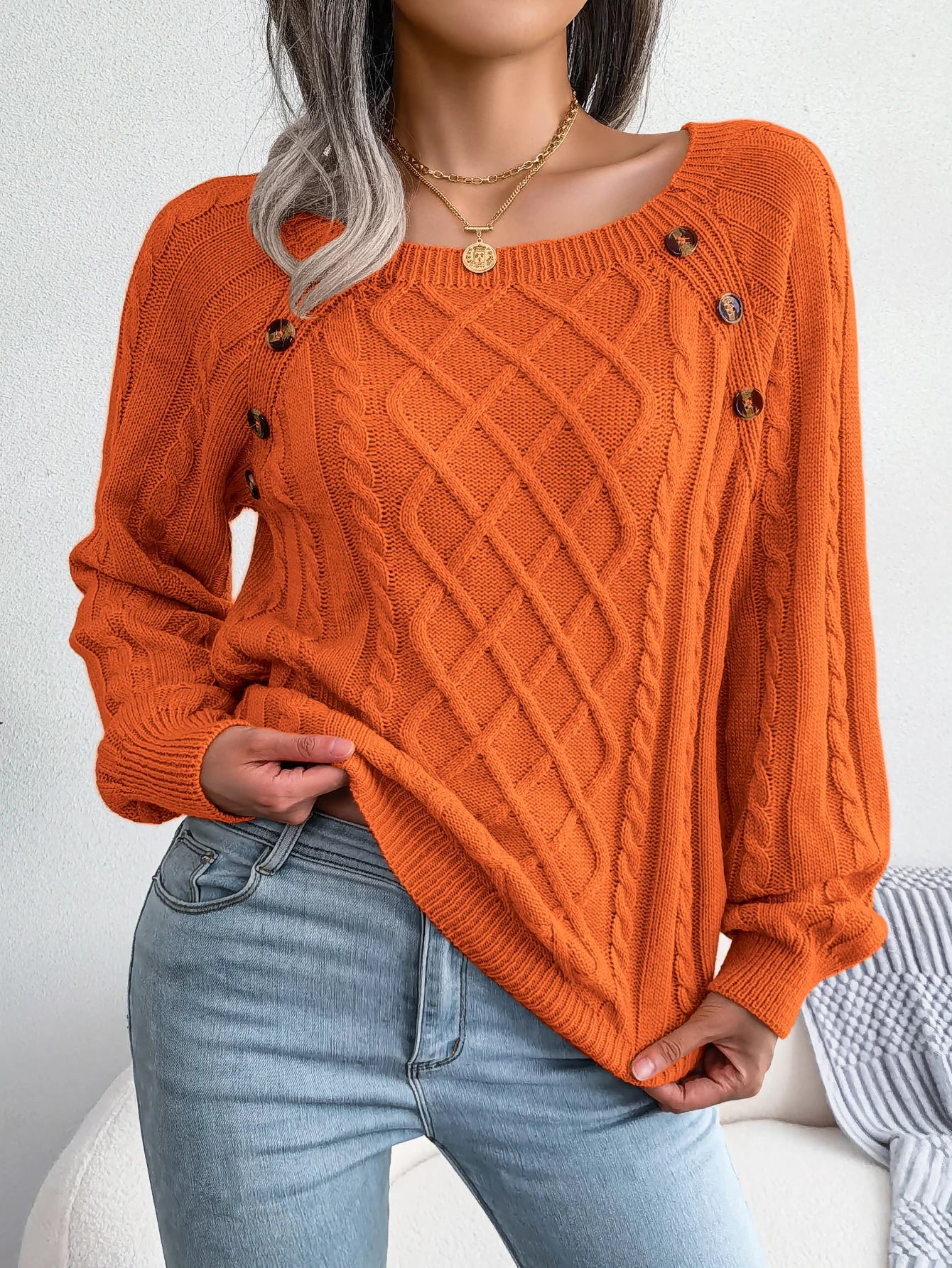 Woman Casual Plain Square Collar Buttons Long Sleeve Knitted Pullover Sweaters for Autumn Winter 2026 Fashion Women Clothes
