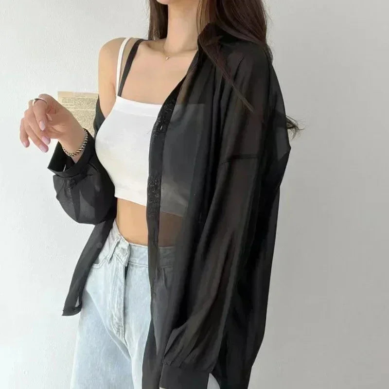 2025 Colors Shirts Women Sheer Thin Chic Summer Simple Solid Sun-proof Temper Fashion Baggy All-match Basic Korean Style Clothes