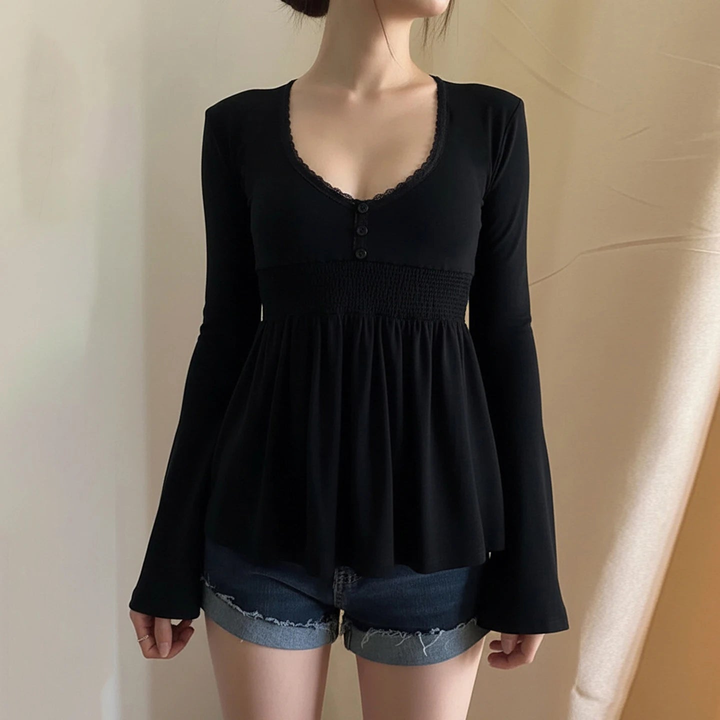 SUCHCUTE Women Solid Lace Trim Patchwork Button Flared Sleeves Shirt Casual V Neck Knit Top Y2k Aesthetic Fall Clothes Fairycore