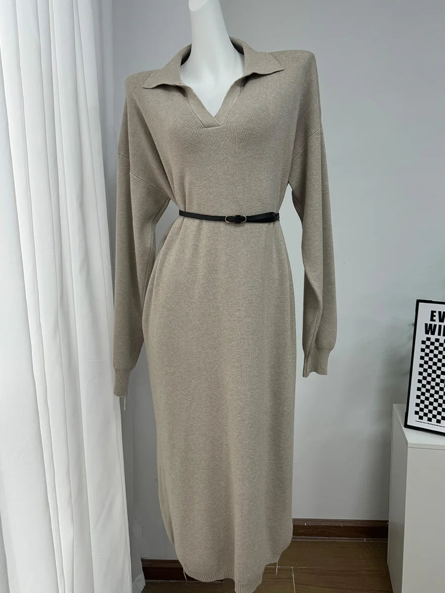 Hirsionsan Long Sleeve Autumn Winter Loose Polo Neck Sweater Dresses Women Soft Elegant Solid Knit Dress Female 2025 New Clothes