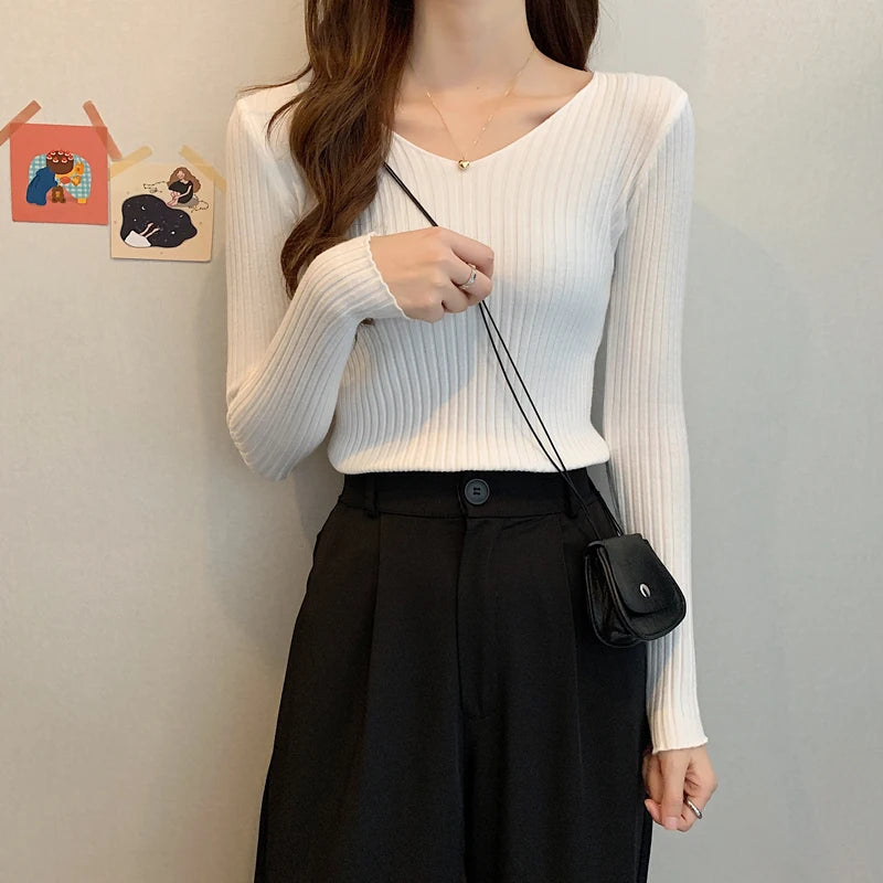2026 Korean Autumn Winter V Neck Sweater Fashion Casual Long Sleeve Knitted Sweaters Solid Color Slim Pullovers Women Clothes