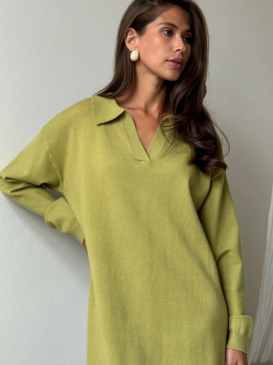 Hirsionsan Long Sleeve Autumn Winter Loose Polo Neck Sweater Dresses Women Soft Elegant Solid Knit Dress Female 2025 New Clothes