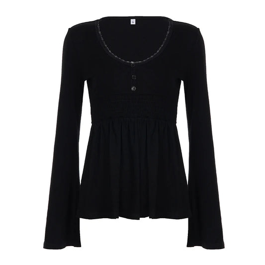 SUCHCUTE Women Solid Lace Trim Patchwork Button Flared Sleeves Shirt Casual V Neck Knit Top Y2k Aesthetic Fall Clothes Fairycore