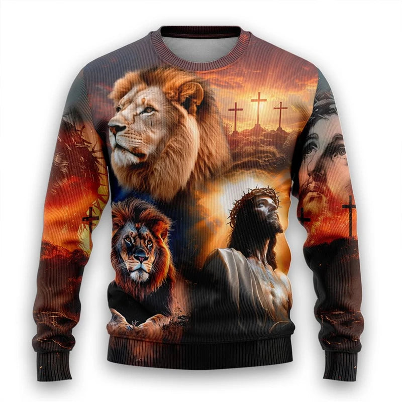 Christian Lion Graphic Sweatshirts God Jesus Ugly Christmas Sweater For Women Clothes Casual Cross Long Sleeve Man Pullovers