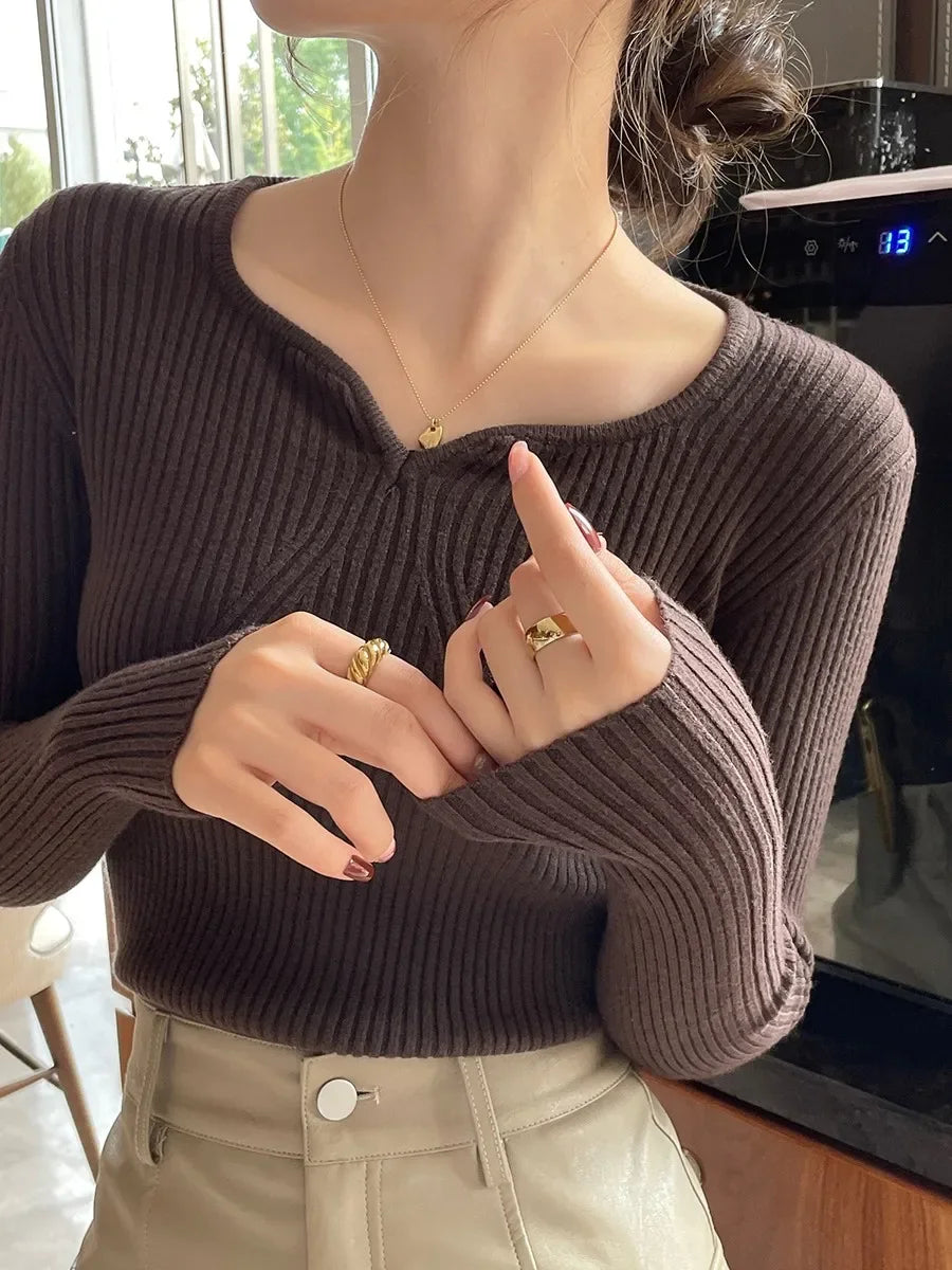 2026 Basic V-neck Chic  Autumn Winter Pullover Women Female Knitted Ribbed Sweater Slim Long Sleeve Badycon High Quality Sweater