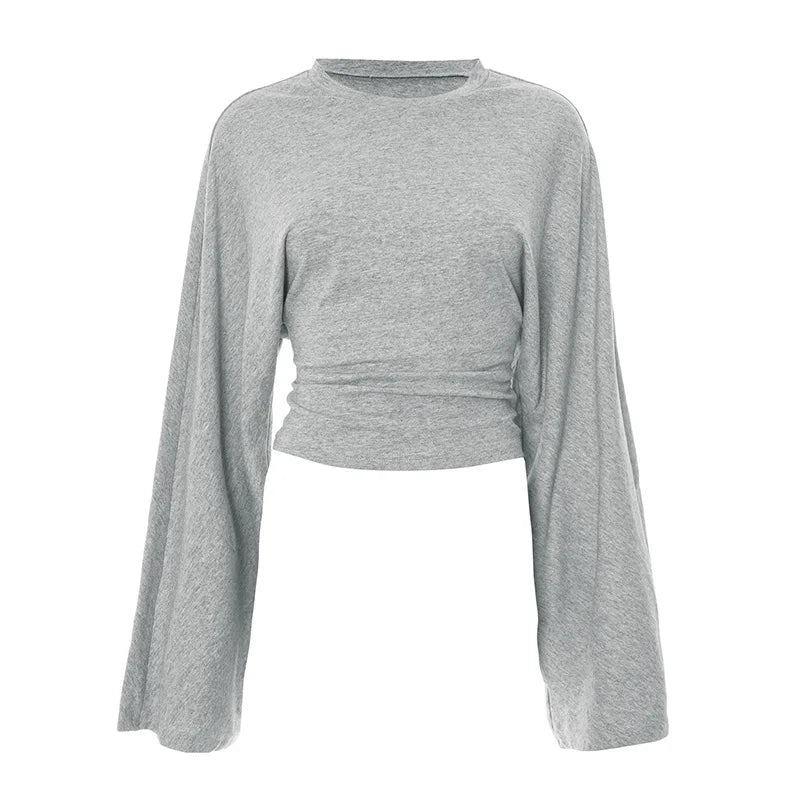 Long Sleeve Women Pullover O Neck Skinny Y2K Summer Clothes Casual T Shirt Top Streetwear 2025 Fashion Gray Tees Crop Top