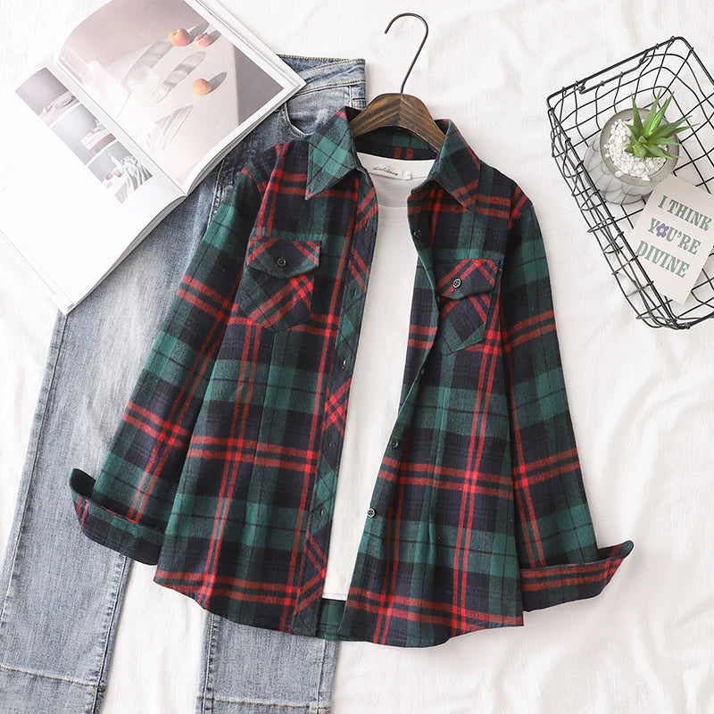 Cotton Flannel Plaid Shirts Women 2025 Autumn New Female Casual Slim Fit Long Sleeve  Blouses & Tops Ladies Checkered Clothes