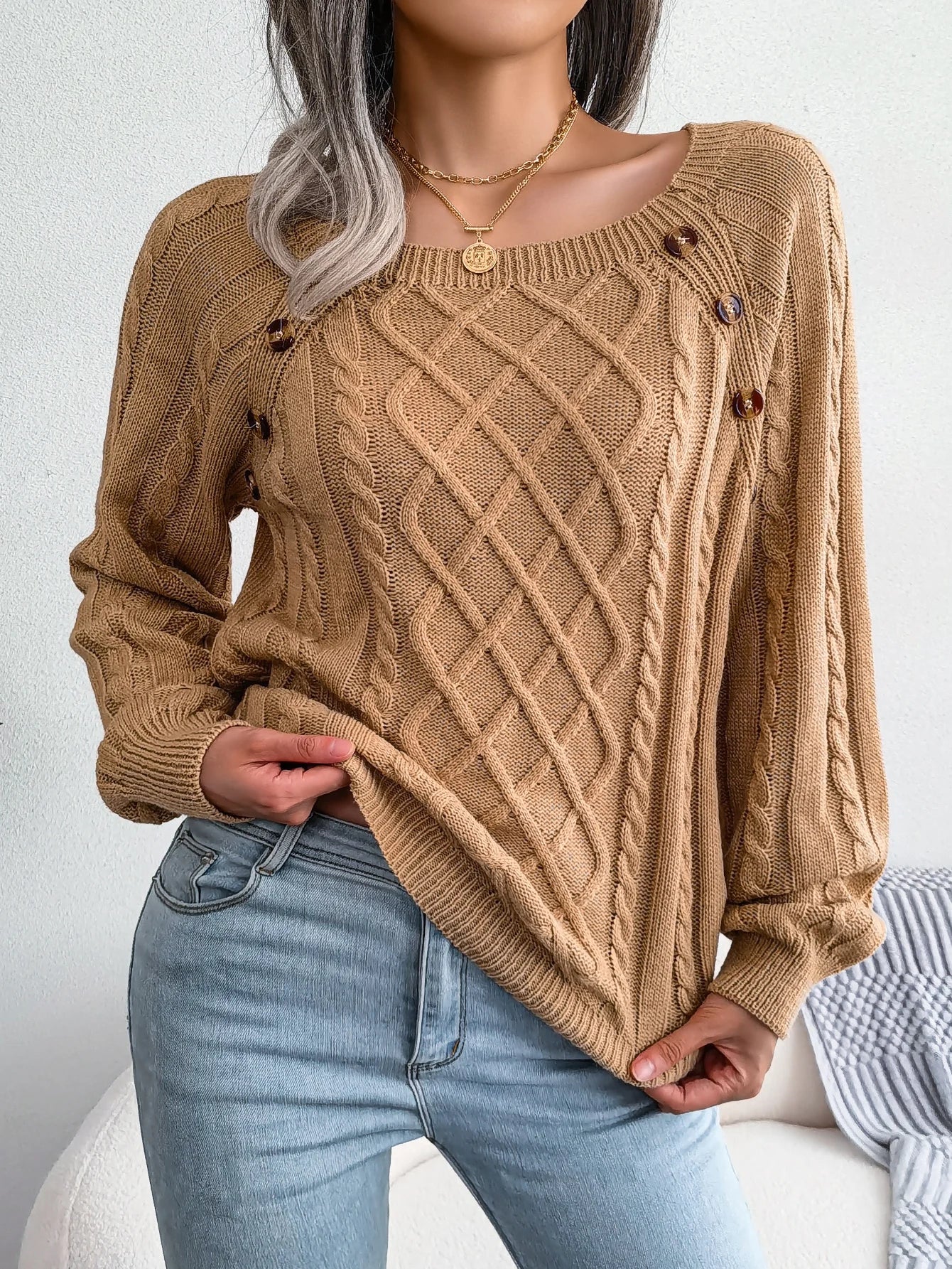 Woman Casual Plain Square Collar Buttons Long Sleeve Knitted Pullover Sweaters for Autumn Winter 2026 Fashion Women Clothes