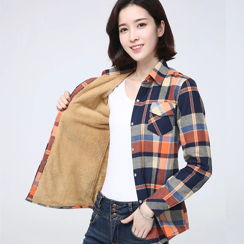 2025 Winter New Women's Warm Plaid Shirt Coat Casual Fleece Velvet Plus Thicke Jacket Tops College Style Woman Clothes Outerwear