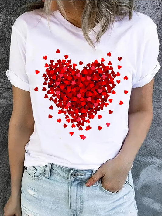 Summer Casual Woman T-Shirts Red Heart Graphic Prints Short Sleeve Comfortable Soft O-Neck Tops Fashion Street Female Clothes
