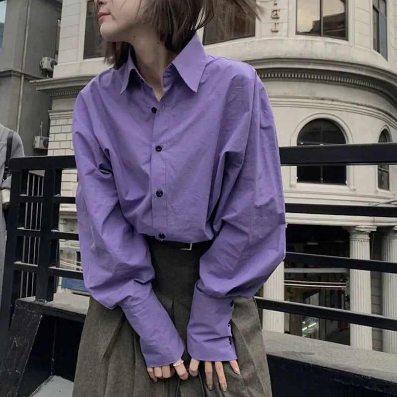 Purple Shirts Women Gentle Office Lady Loose Leisure Sweet New Autumn Korean Clothes Stylish Basic De Mujer Buttons Design Tops