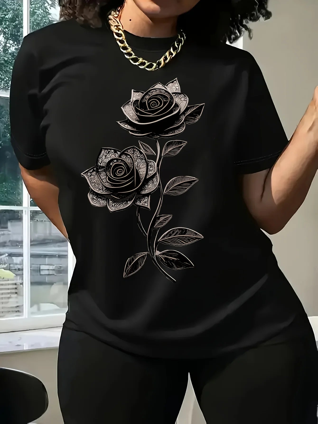 Women's Casual Crew Neck Flowers and plants T-Shirt Drawing Print Micro Elasticity All Season Essentials women clothes