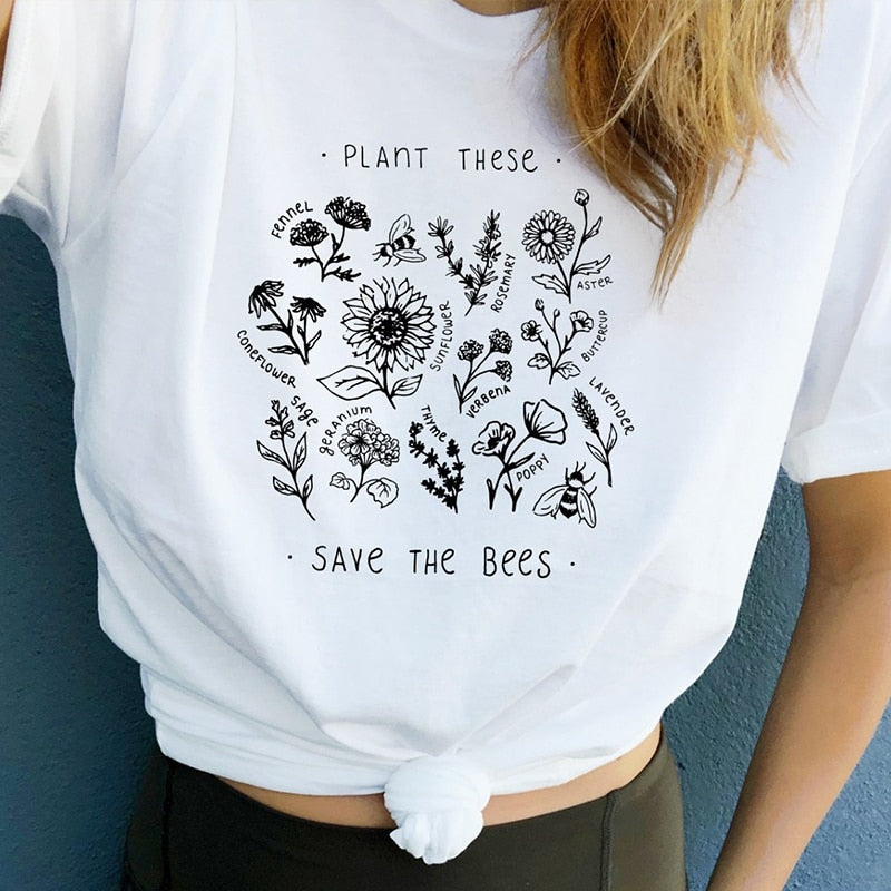 Plant These T Shirt Women Floral Print Tee Save The Bees Yellow Cotton Plus Size Tops Plant More Trees Tumblr Tops