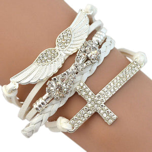Women's Angel Wings Cross Rhinestone Braid Faux Leather Alloy Cuff Bangle Bracelet