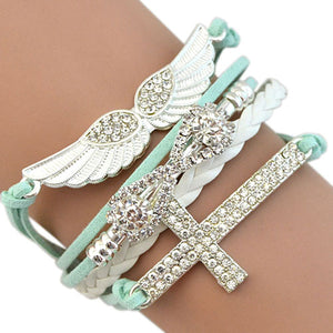 Women's Angel Wings Cross Rhinestone Braid Faux Leather Alloy Cuff Bangle Bracelet