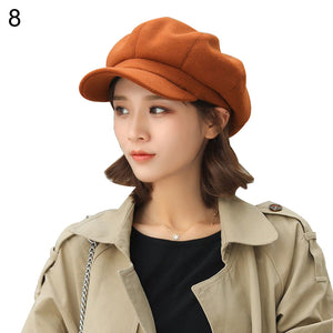 British Style Felt Solid Color Wide Brim Women Beret Winter Warm Peaked Cap Hat