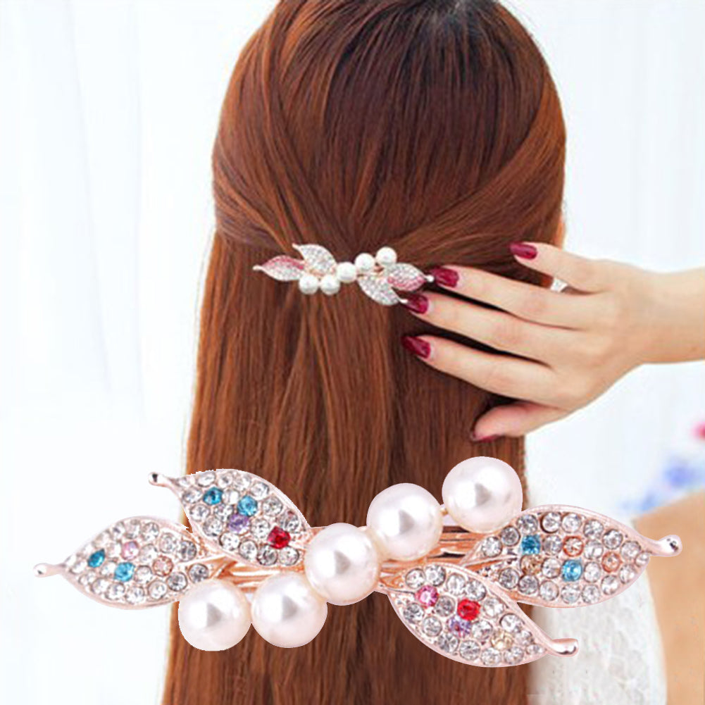 Elegant Women Faux Pearl Rhinestone Inlaid Bowknot Hair Clips Party Hairpins