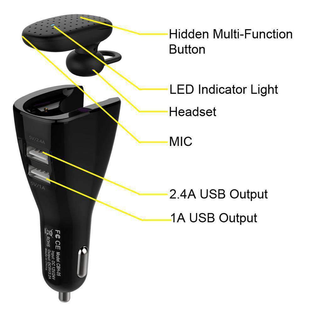 CBH-05 Bluetooth Headset with Dual USB Port Car Charger