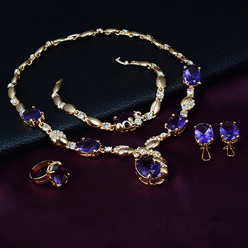 Retro Women Zircon Waterdrop Pendant Necklace Ring Earrings Bracelet Jewelry Set
