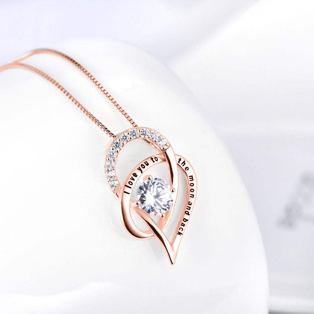 18K Rose Gold Plated "Loe You To The Moon & Back Heart" Necklace with Classic Stud Earrings Set
