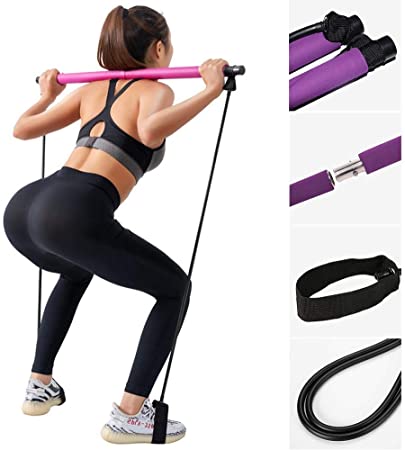 Portable Pilates Bar Kit with Resistance Band Bodybuilding Yoga Pilates Stick with Foot Loop ...